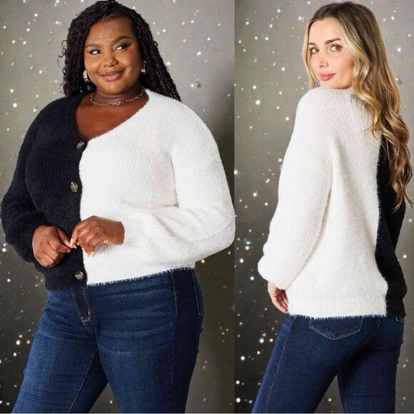 Black & White Contrast Button-Front V-Neck Cardigan NEW - Woven Right - Picture 4 of 13